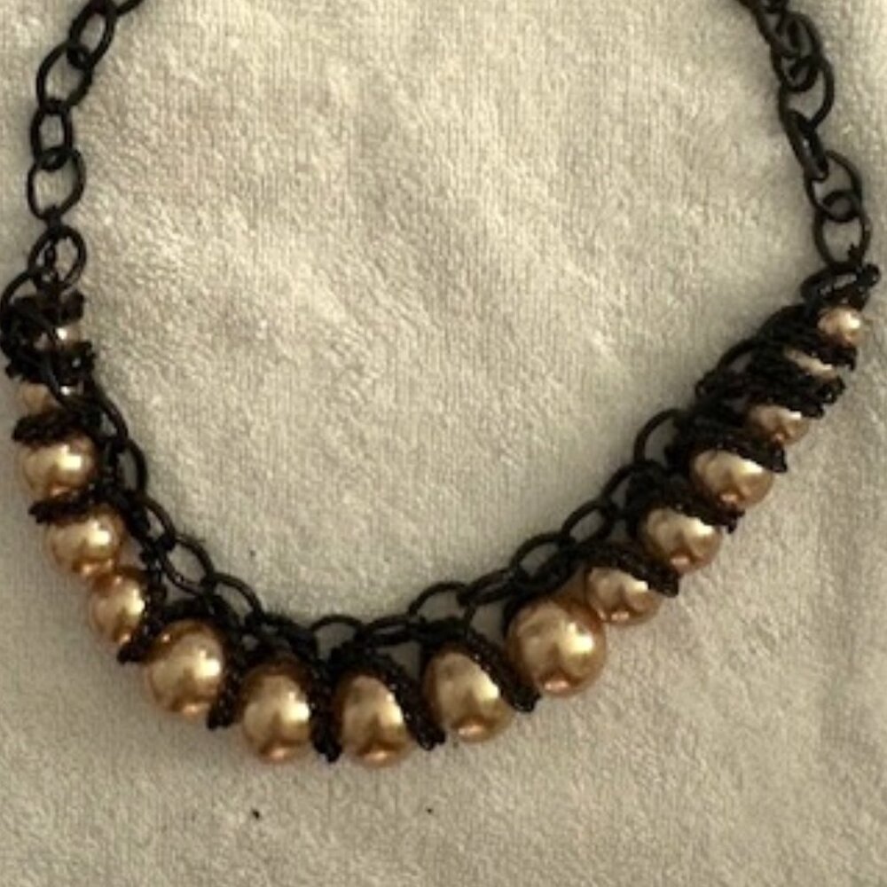 Necklace Bronze Simulated Pearls Encased in Unique Black Metal Setting